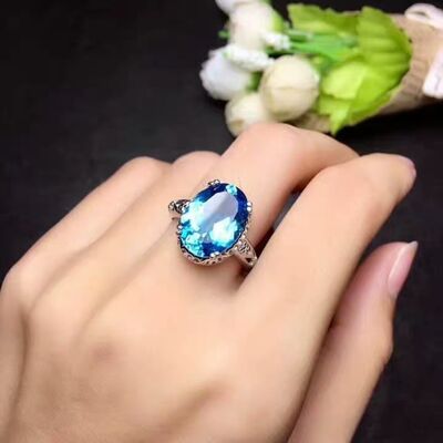 Platinum-Plated Artificial Blue Gemstone Ring