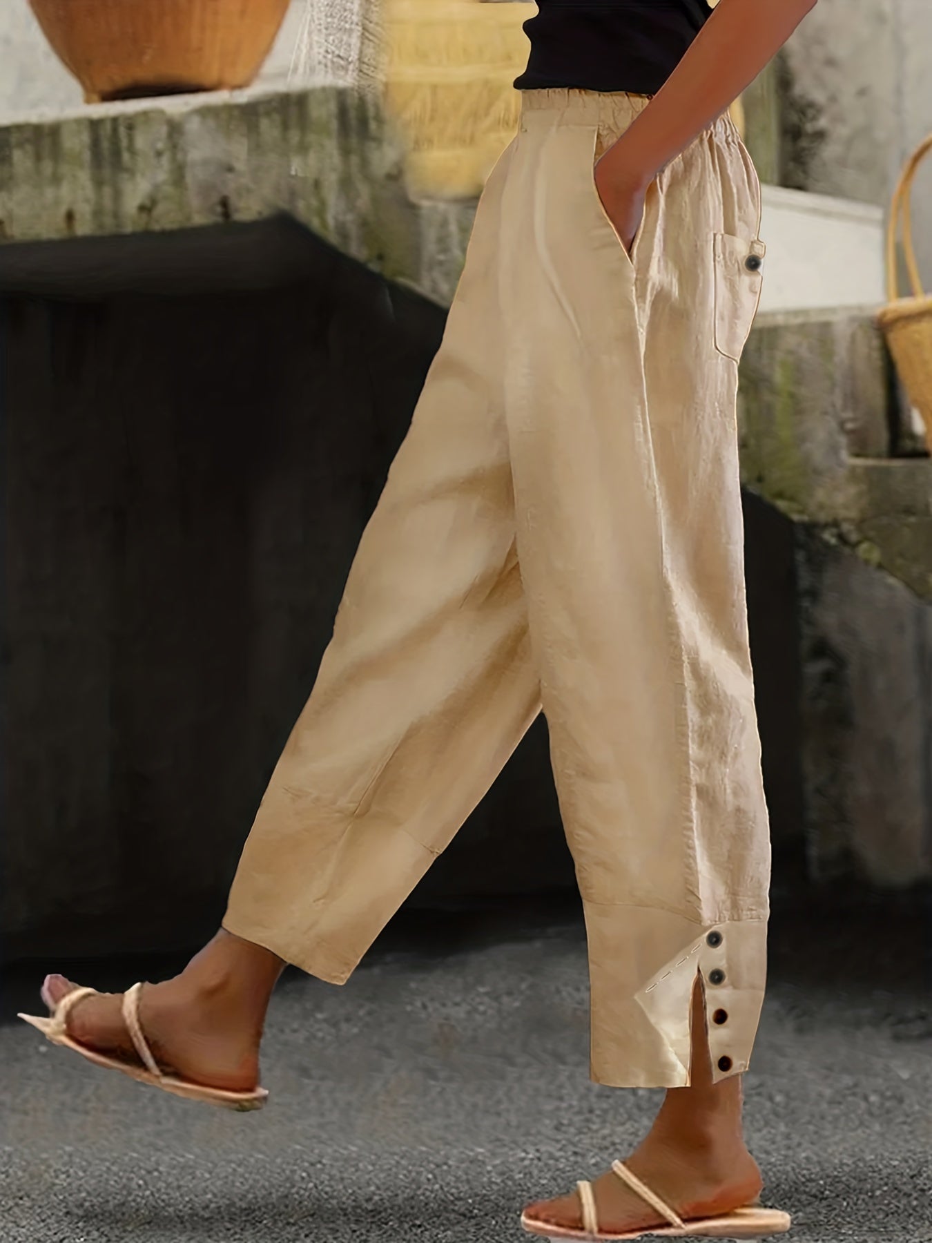 Plus Size Buttoned Slit Pants with Pockets