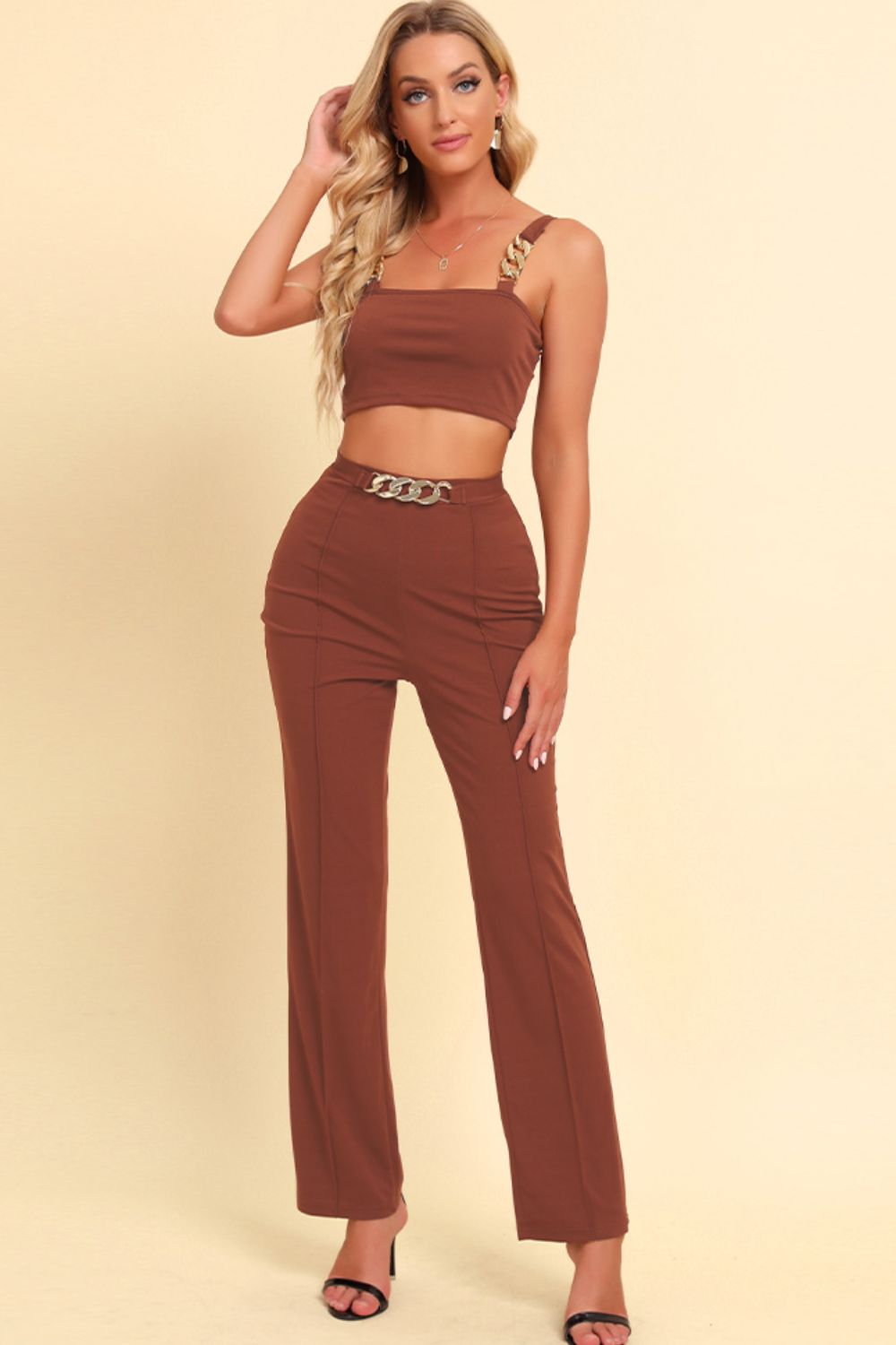 Chain Detail Cropped Cami and Straight Leg Pants Set