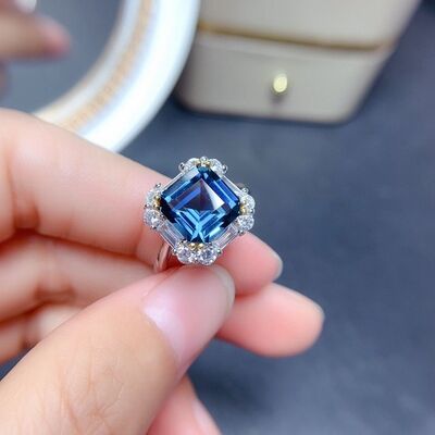 Square Shape Sapphire Blue Artificial Gemstone Platinum-Plated Ring