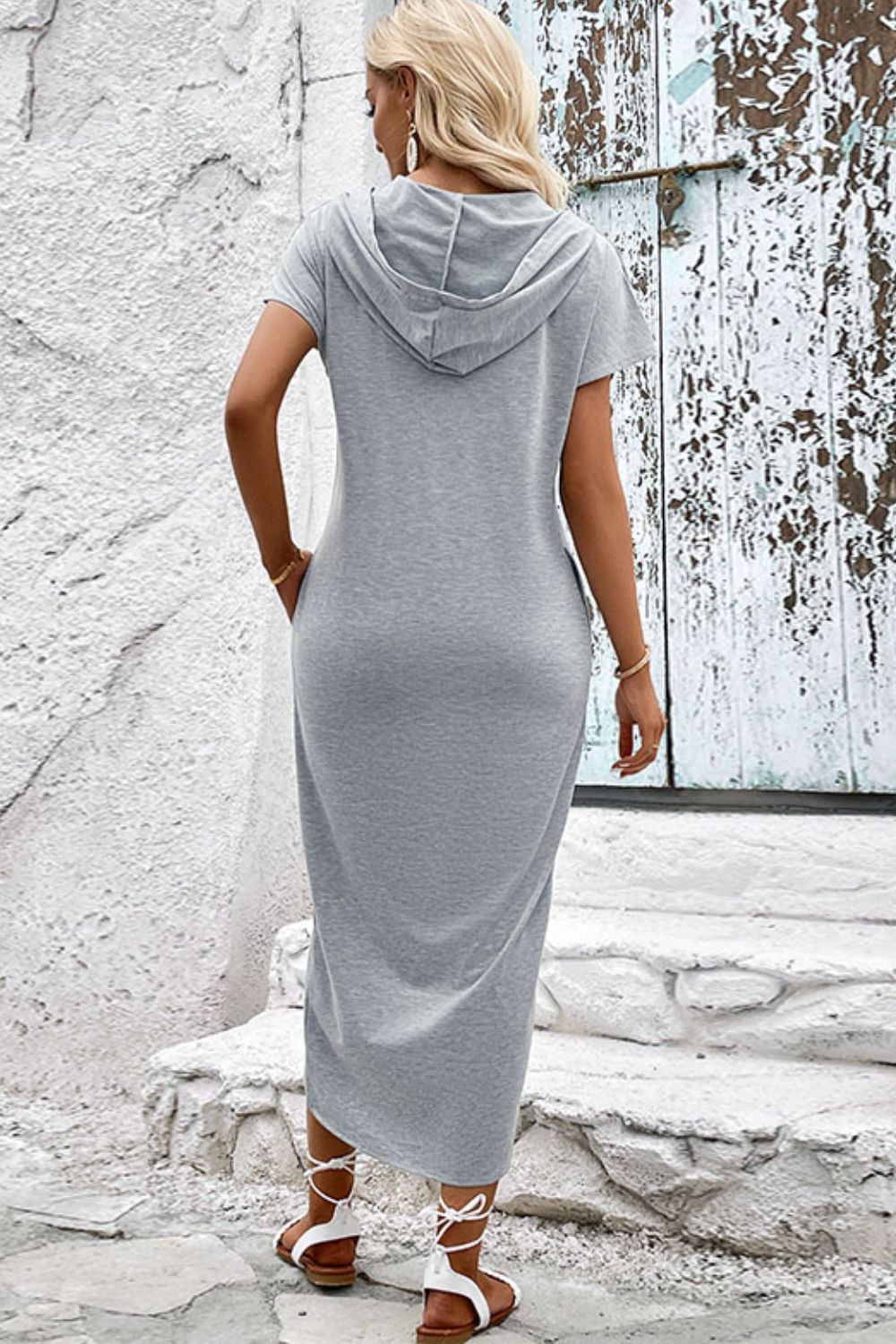 Short Sleeve Front Slit Hooded Dress