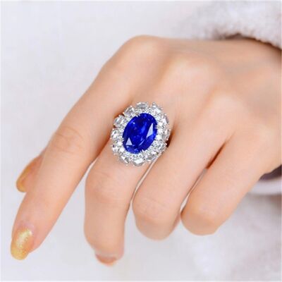 Platinum-Plated Artificial Sapphire Blue Gemstone Ring