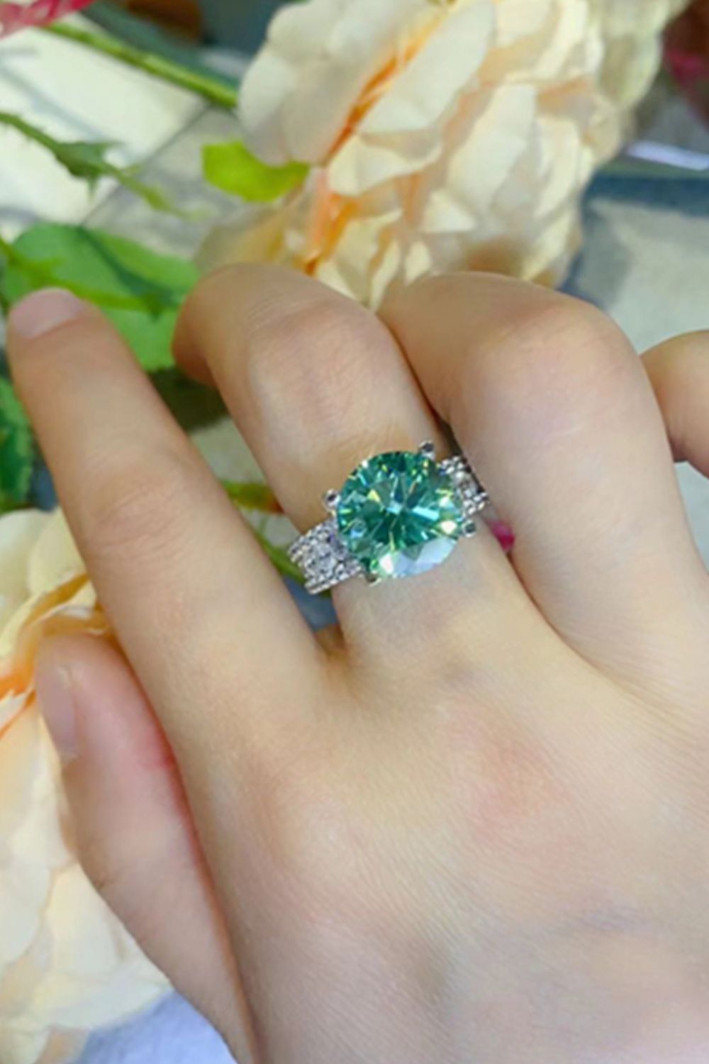 5 Carat Moissanite 4-Prong Wide Band Ring in Green