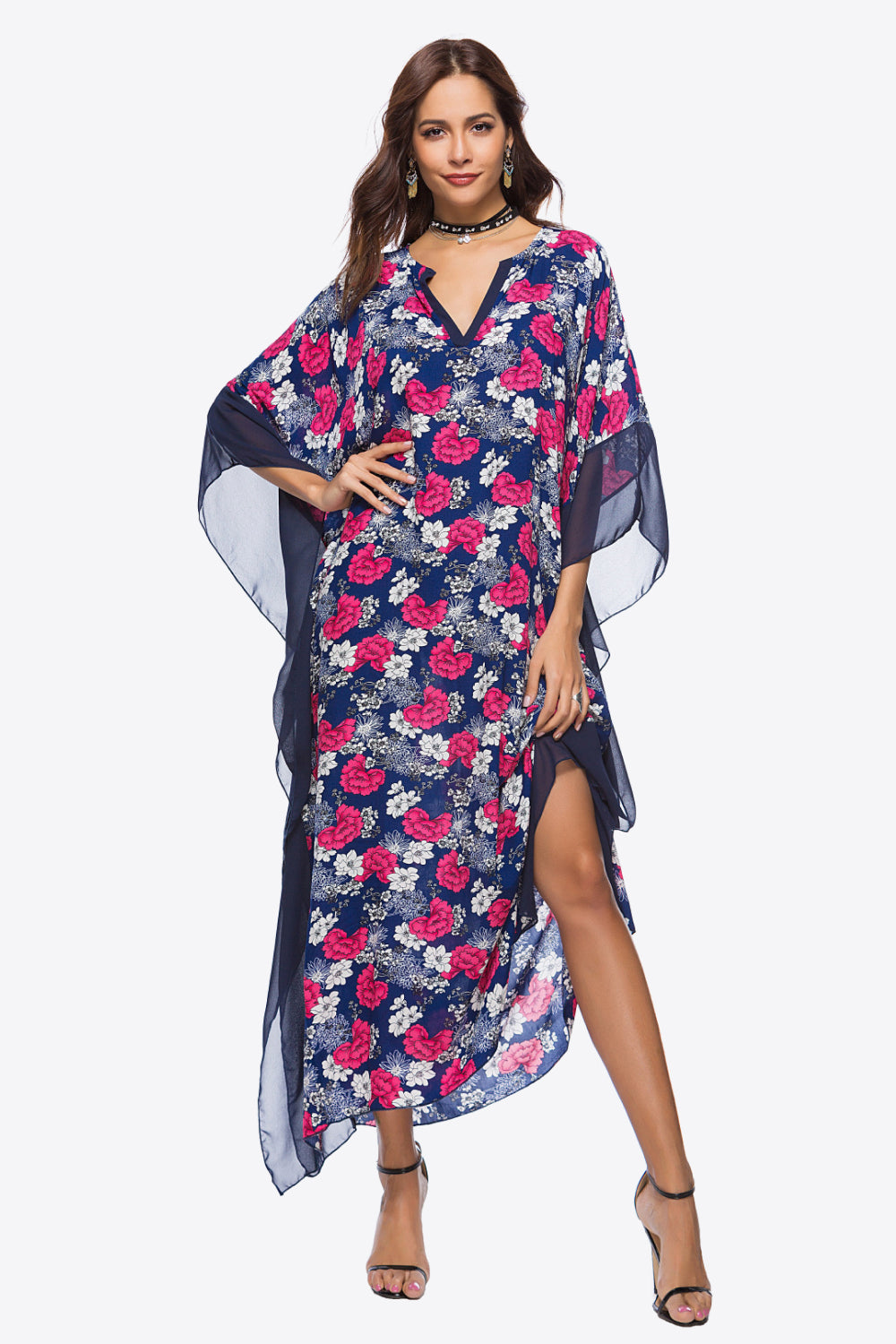 Floral Notched Neck Dolman Sleeve Maxi Dress