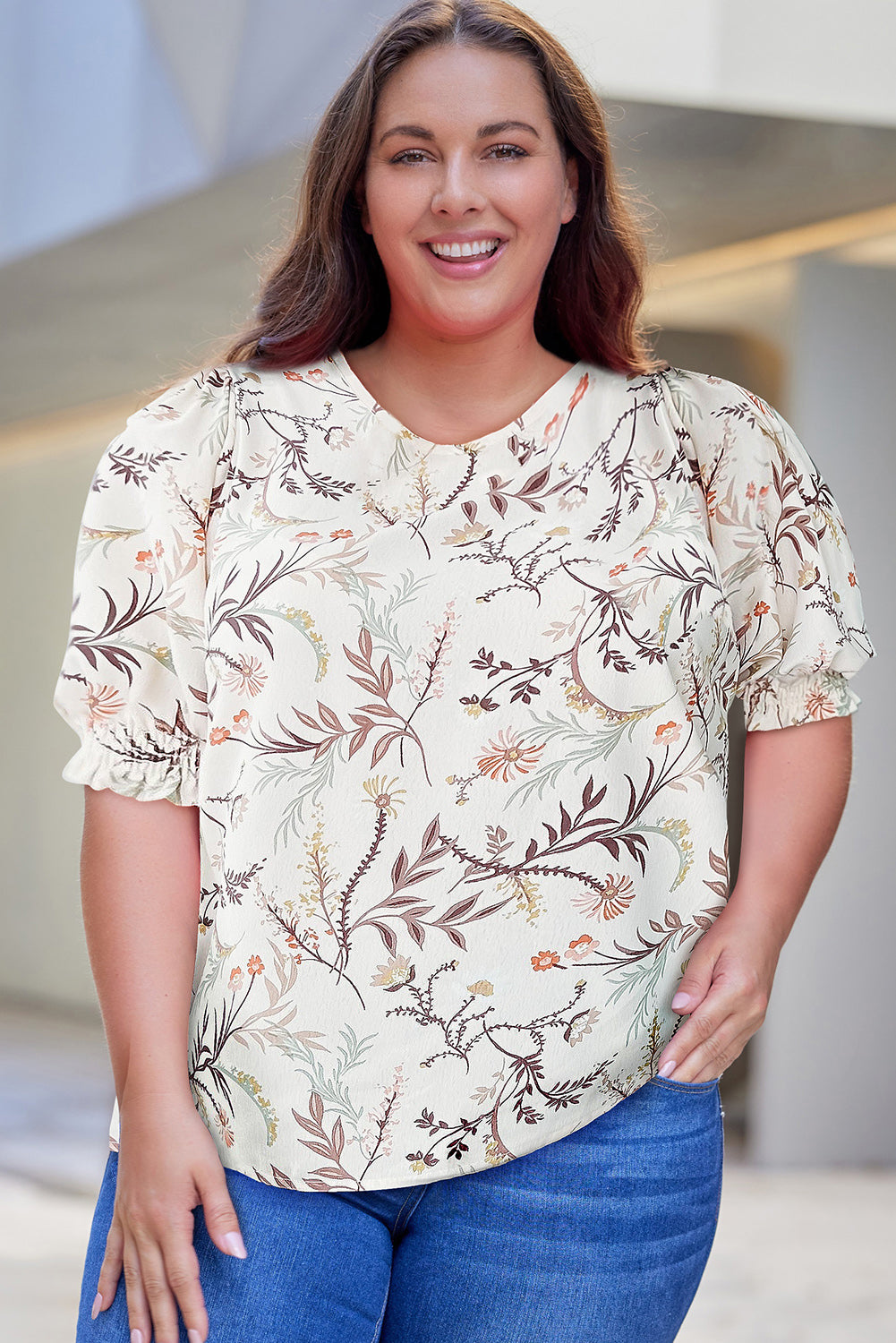 Plus Size Floral Fuff Sleeve Top