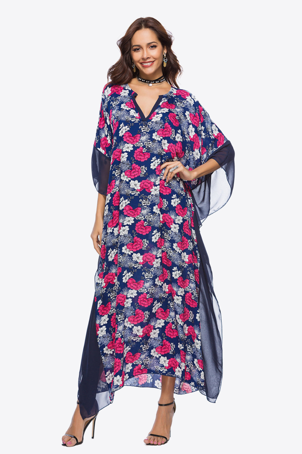 Floral Notched Neck Dolman Sleeve Maxi Dress