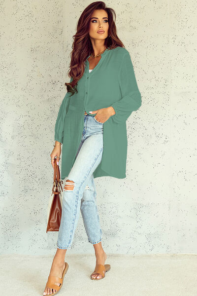 Notched Button Up Balloon Sleeve Longline Blouse